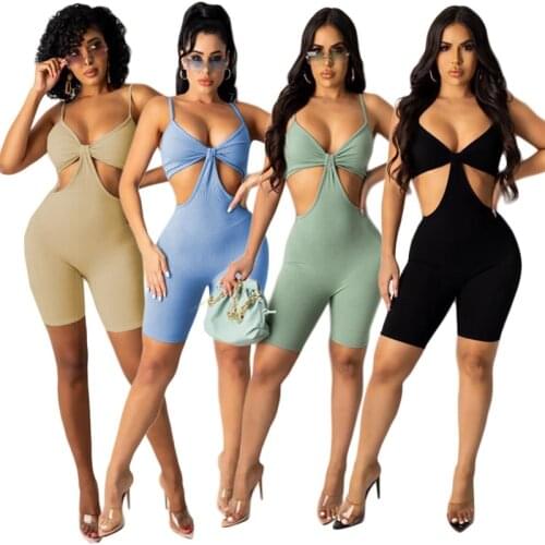 New Knitted Bodycon Playsuit 2021 Summer Sexy Spaghetti Strap Hollow Out Rompers For Women One Piece Nightlub Party Outfits