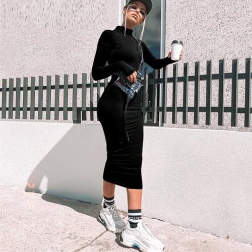 Turtleneck Sexy Midi Pencil Dress Women Black Long Sleeve Zipper Bodycon Dresses Streetwear Punk 2020 Winter Autumn Dress Female