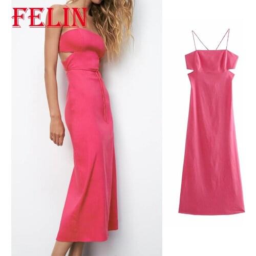 Za 2021 Women Chic Pink Solid Sexy Party Cami Dress Backless Side Hollow Out Slim Long Dress Vintage Mujer Vestidos