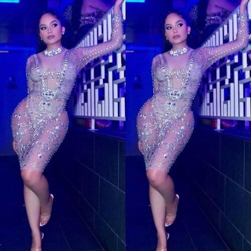 New Fashion Luxurious Sparkly Crystals See Through Short Dress Long Sleeve Women Birthday Celebrate Evening Gown Party Dresses