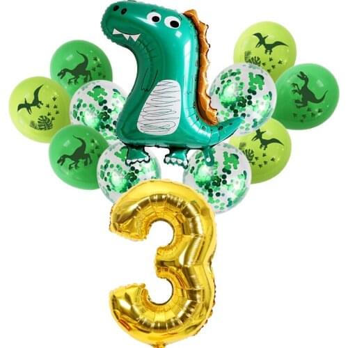 12pcs Dinosaur theme Cartoons Golden Number Aluminum balloon Kids Jurassic Jungle Birthday Party supplies Latex Balloons
