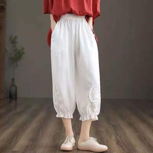 New Autumn Cotton Linen Pants Capri Women Loose Classic White Mid Waisted Pants for Women Solid Calf-length Pink Pencil Trousers