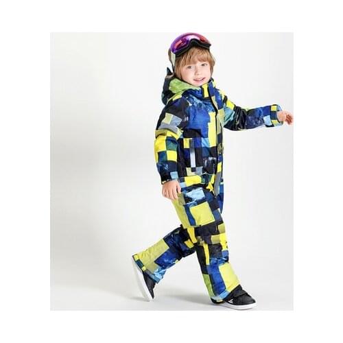 One Piece Kids Ski Suit One Piece Boys Snowboard Clothing Hooded Winter Suit Windproof Waterproof Warm Winter Clothing Child New
