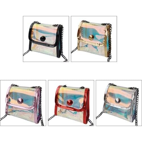 Holographic Crossbody Shoulder Bag with Chains Clear Messenger Bag Mini Clutch Bag Transparent Handbag for Girl Kids