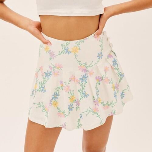 Jastie 2021 Summer Women Skirts White Floral Daisy Embroidery Pleated Mini Skirt Bohemian Casual Beach Sexy Holiday Party Skirt