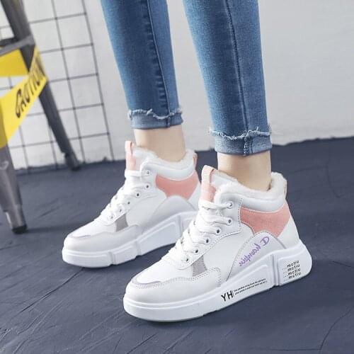 White ladies sneakers warm autumn winter fur casual shoes flat plush shoes ladies lace-up canvas shoes comfortable Botas Mujer