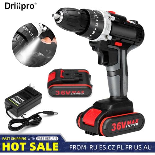 Drillpro 36V Cordless Electric Drill Lithium Battery Screwdriver 25+3Torque With LED Working Light Hand Power Tools For DIY Home