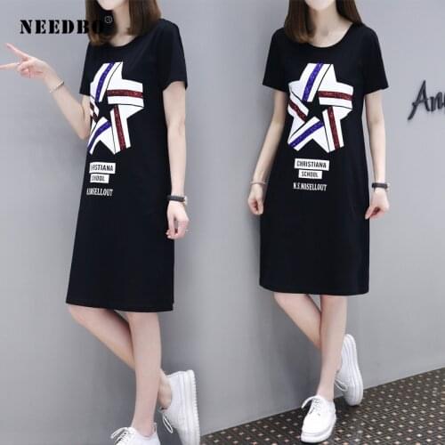 NEEDBO White Black Long Tshirt Dress Women Big Size O-Neck Women Tshirts Streetwear OL Summer T shirt Women Korean Print Tops