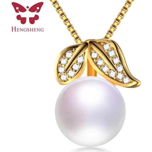 HENGSHENG Top Quality Genuine Natural Freshwater Pearl Necklace 925 Sterling Silver Zircon Gold Color Leaf Pendant Fine Jewelry