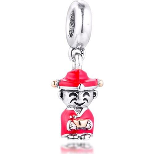 Fits For Pandora Beads Bracelets Fortune and Luck Hanging Charms with 14K real Gold 100% 925 Sterling-Silver-Jewelry Free Ship