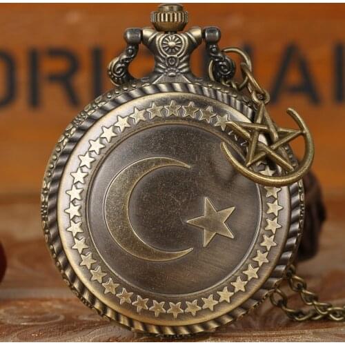 Retro Bronze Turkey Flag Design Moon Star Circle Quartz Antique Pocket Watch Punk Necklace Pendant for Men Women with Accessory