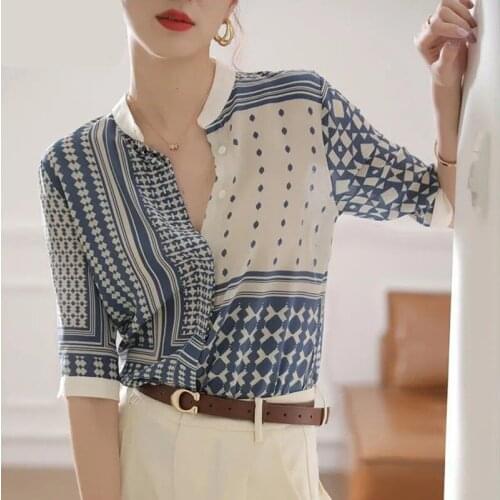 Elegant French Chiffon Shirts Women Loose Stand-Up Collar Half Sleeve Loose Blouses Stylish Vintage Ladies Blusas TOps MM0282