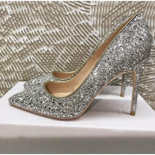 Silver Glitter Shoes Womens Pumps Sparkling Nightclub Shoes Sexy Stiletto 12cm High Heels Designer plus size 45 LF013 CHENSIR9