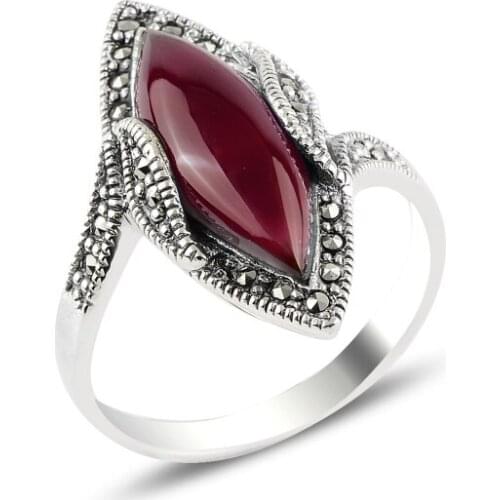 Silver 925 Sterling Red Agate & Marcasite Ring
