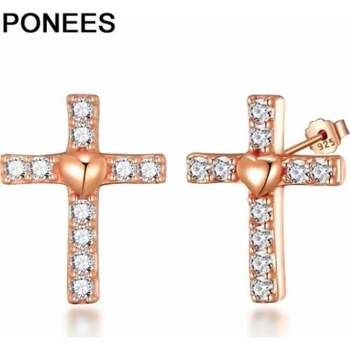 Ponees 100% 925-Sterling-Silver Stud-Earrings Women Jewelry Cross Heart Party Gift Girls