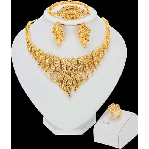 Dubai Wedding Ornament African Fashion Jewelry Sets Flower Necklace Bracelet Party Elegant Women Earrings Ring Crystal Jewelry