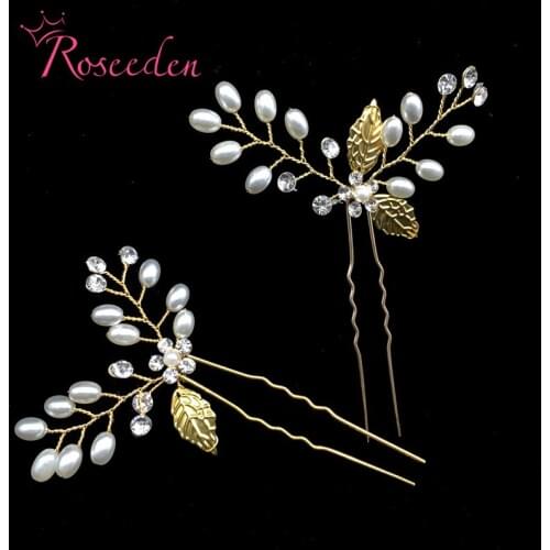 New Fashion Gold Bridal Wedding Hairpin Sticks With Pearl Crystal Flowers 2pcs Set Wedding Hair Jewelry Accessories RE3064