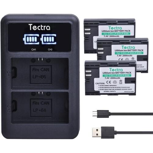 Tectra LP-E6 LP E6 LP E6N 3pcs digital bateria+LED Display USB Dual Charger for Canon EOS 5DS R 5D Mark II 5D Mark III 6D 7D 80D