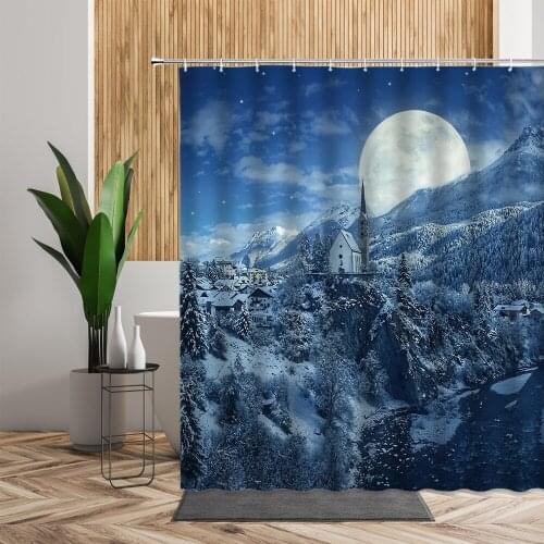 Snow Night Landscape Shower Curtain Moon Building Pine Forest Bathroom Bath Decor Waterproof Backdrop Cloth Curtains For Bedroom