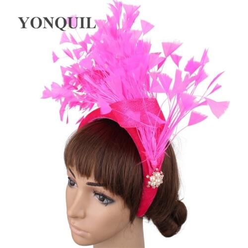 Princess Hot Pink Fashion Headwear Hair Band Feathers Hair Accessories For Elegant Ladies Women Fascinators Headdress Bridal