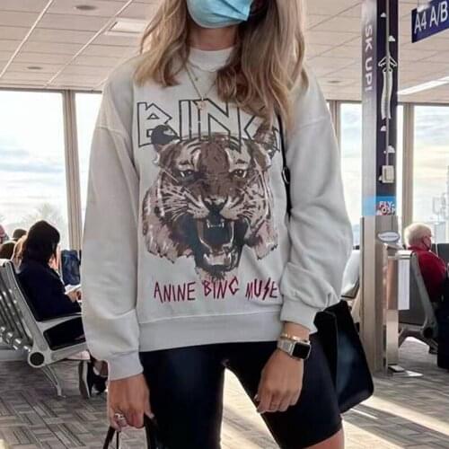Women Hoodie 2021 Autumn and Winter Tiger Head Print Khaki Fleece 100% Cotton Women Sweatshirt