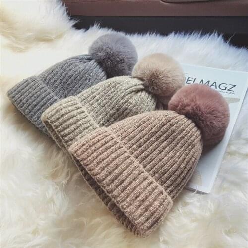 Mohair Womens hats Add velvet Fleece Inside Beanies Winter Hats for women Pom Poms Ski Hat Thicken