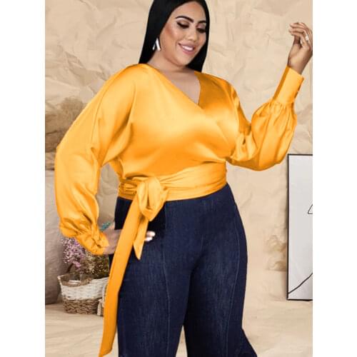 V Neck Women Plus Size Tops Long Lantern Sleeve Skinny Shirts Top Office Lady Casual Blouses with Belt Summer Autumn Fashion
