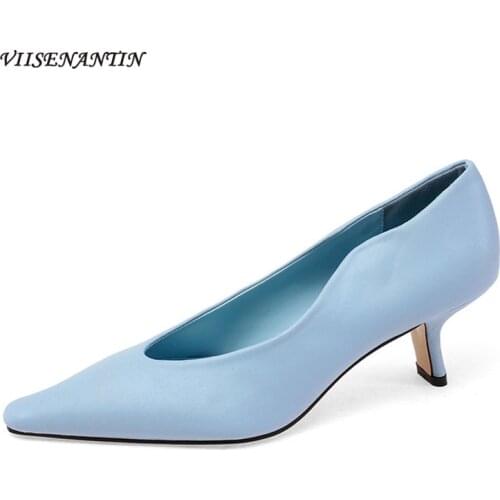 2021 new Korean style single shoes fashion pointed shallow mouth retro high heels thick heel French blue womens shoes