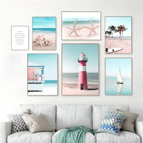 Ocean Sailboat Lighthouse Poster Beach Palm Tree Surfboard Canvas Painting Starfish And Conch Wall Art Print Pictures Home Decor