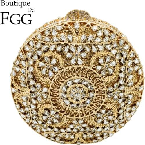 Boutique De FGG Vintage Retro Round Circular Hollow Out Women Crystal Clutch Evening Minaudiere Bag Wedding Handbag Bridal Purse