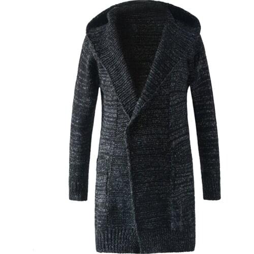 Winter Mens Fashion Solid Color Sweater Cardigan Mid-Length Sweater Coat Hooded Cloak