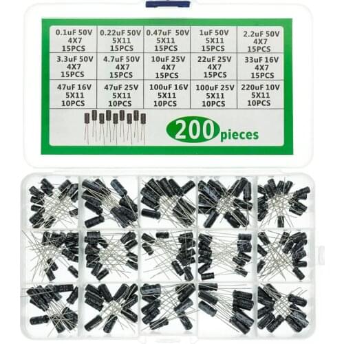 15values 200pcs Electrolytic Capacitor Organization Storage 0.1-220uF Capacitors Assortment Box Kit 10UF 47UF 100UF 50V 16V 25V