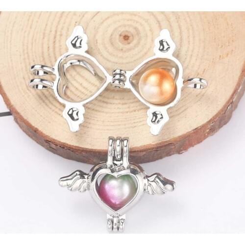 5pcs Plated Angel Heart Pendant Pearl cage Jewelry Making Bead Cage Necklace Aroma Essential Oil Diffuser Box OysterPearl