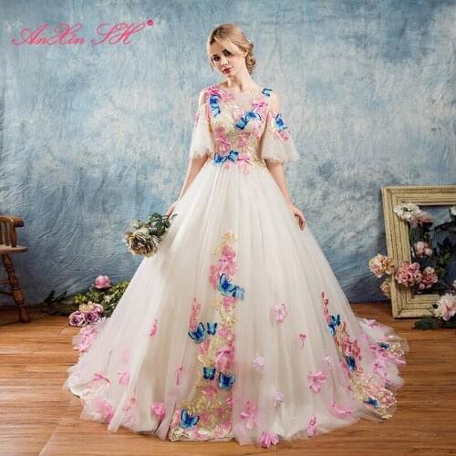 AXJFU pink lace colorful Butterfly Evening dresses birthday parties princess ruffles bow embroidered Butterfly evening dress