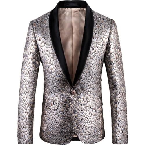 Gold Pea Cock Pattern Suit Jacket Men Slim Fit Gold With Blalck Collar Banquet Blazer Men High Qaulity Blazer Masculina 5xl