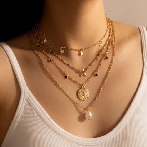 Bohemian Fashion Personality Multi-layer Chains Colorful Beads Star Pendant Necklace for Women Jewelry Gifts