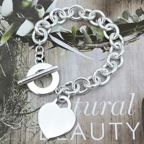 Ladies S925 Sterling Silver Classic Heart Tag O-chain Silver Bracelet Jewelry Couple Sweet Romantic Holiday Gift
