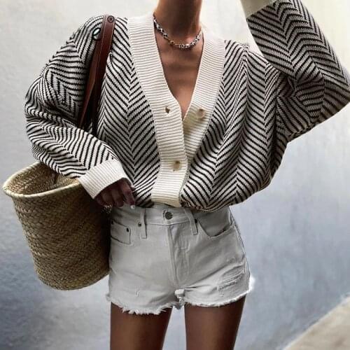 Ardm Fashion Casual V-Neck Herringbone кардиган женский Autumn Long Sleeve Stripes Oversize Vintage Women Cardigan Sweater Tops