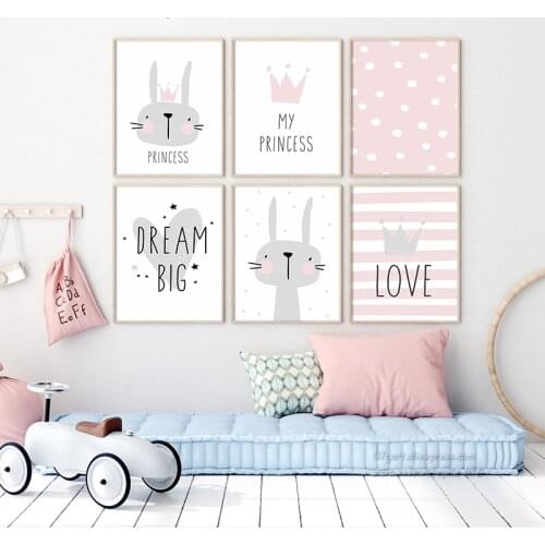 Lovely Nordic Love Crown Rabbit A4 A3 Canvas Painting Art Print Poster Picture Wall Baby Room Children Bedroom Home Decoration