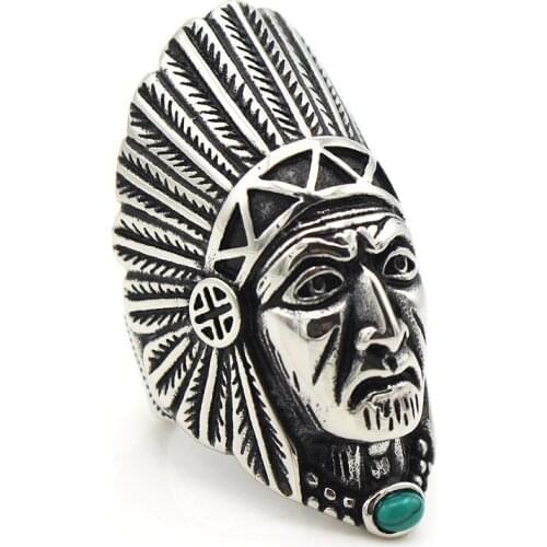 AsJerlya Charm Indian Tribe Chief Finger Rings for Women Party Gift Fashion Stainless Steel Jewelry With Green Nature Stone