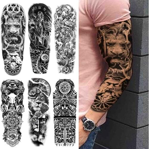 Lion King Temporary Tattoo Sleeve For Men Women Tribal Totem Tattoos Sticker Black Fake Flower Clock Bohemia Tatoos Paper