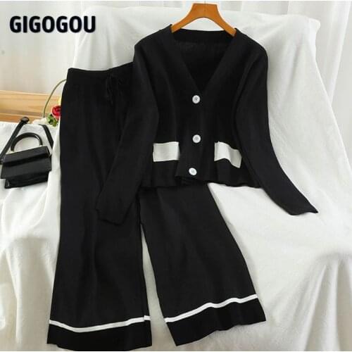 GIGOGOU Spring Summer Women Knitted Tracksuits 2 Piece Sets Single Breasted Cardigan Sweate + Capri Straight Wide Leg Pant Suits