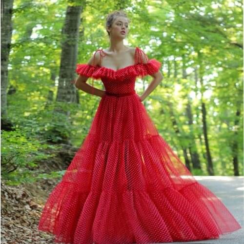 Red Long Tulle Cold Shoulder Prom Dresses 2021 Sleeveless A Line Formal Evening Dress Robe De Soiree