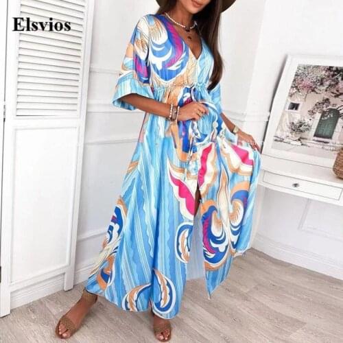 Summer Casual Drawstring Waist Beach Long Dress Sexy V Neck Button Split Party Dress Women Autumn Vintage Print Boho Maxi Dress