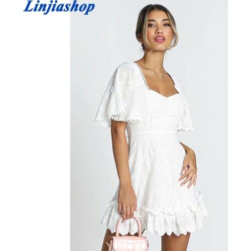 Fashion Women Floral White Party Dress Female Sexy Square Neck Flare Sleeve A-line Mini Dress Summer Vestido