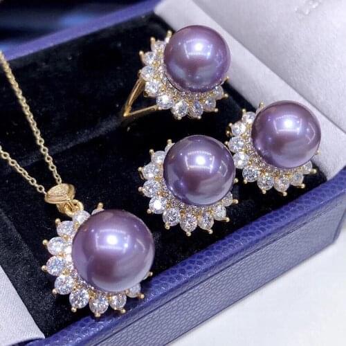 D614 Pearl Set Fine Jewelry 925 Sterling Silver Round 9-13mm Nature Fresh Water Purple Pearls Jewelry Sets for Women Presents