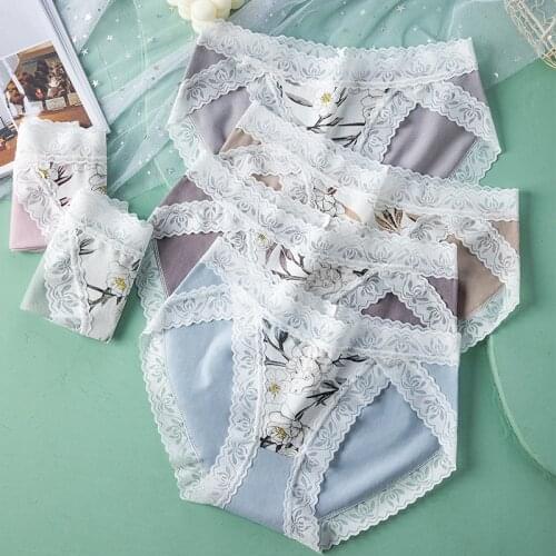 New Womens Cotton Underwear Sexy Lace Panties Flower Comfort Briefs Middle Waist Seamless Underpants Female Lingerie