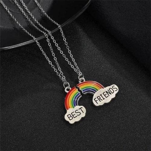 2 Pcs/set Women Stitching Heart Rainbow Friendship Couple Necklace Fashion Best Friend One Pair Pendant Necklace Choker Jewelry