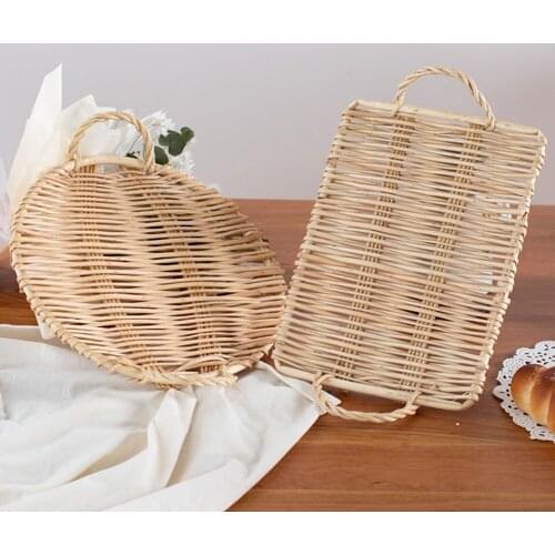 Handwoven Rattan Storage Tray Fruit Snacks Storage Organizer Bread Food Cake Platter Dinner Serving Tray Kitchen Tools