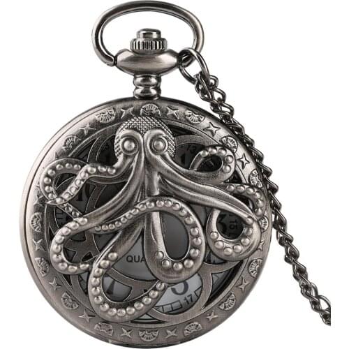 Hollow Half Octopus Vintage Quartz Pocket Watch Retro Grey Necklace Pendant Clock for Men Women reloj